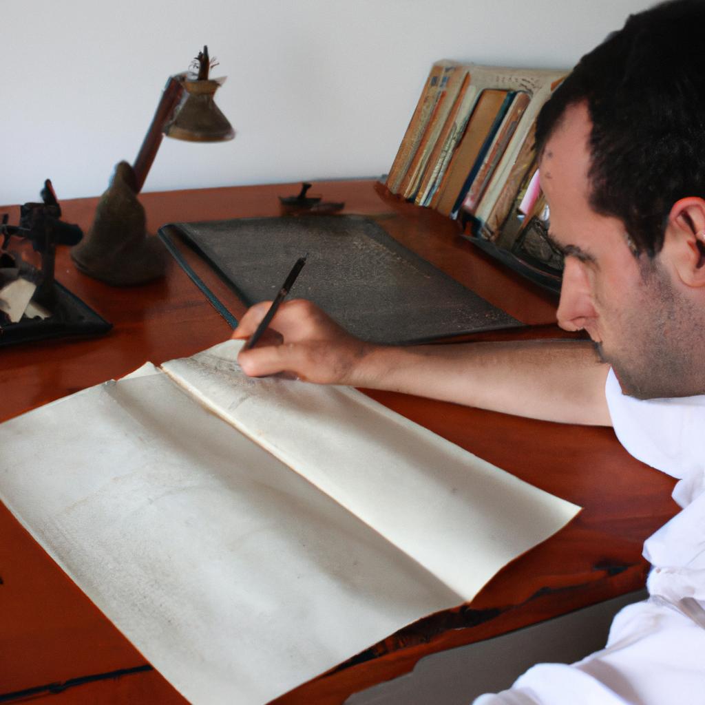 Person researching historical documents, writing
