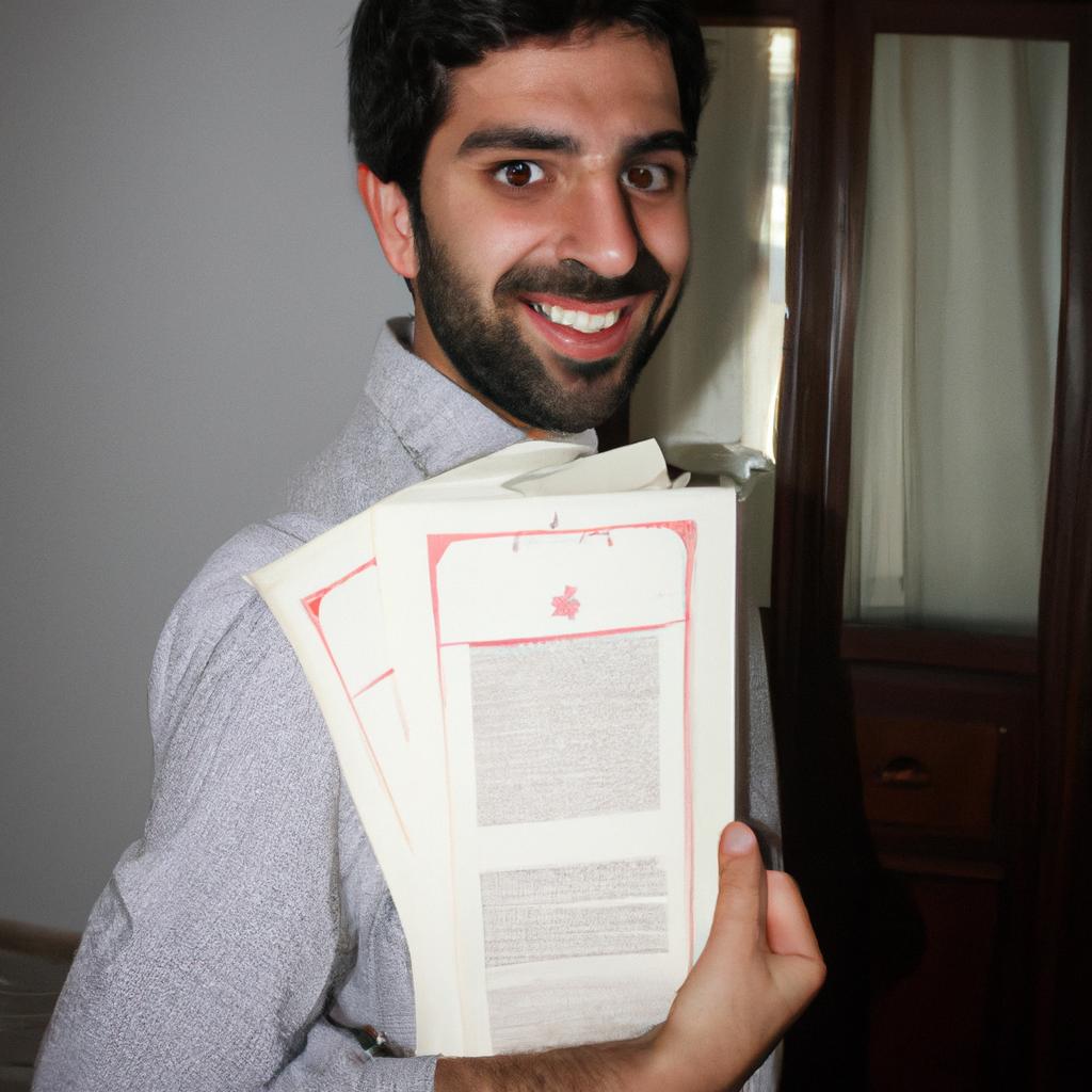 Person holding historical documents, smiling